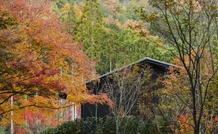 Autumn foliage surrounds a traditional Japanese structure at Aman Kyoto, with red and golden leaves framing the garden.