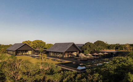 Amanemu resort main property with thatched-roof pavilions among trees at sunset, Japan.