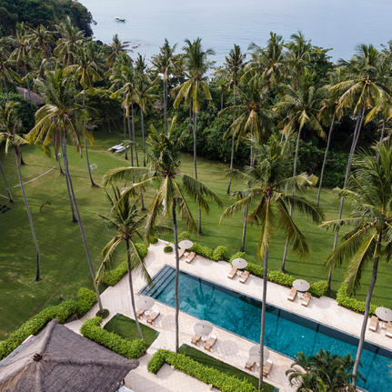 Aerial view of Amankila resort's swimming pool surrounded by palm trees and manicured gardens in Indonesia.