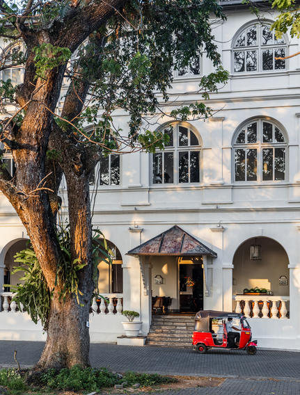 Two guests sit beneath a large tree outside Amangalla's white colonial facade.