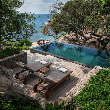 Ocean-view pool villa with infinity pool overlooking the Andaman Sea, Amanoi, Vietnam.