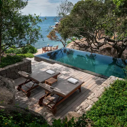 Ocean-view pool villa with infinity pool overlooking the Andaman Sea, Amanoi, Vietnam.