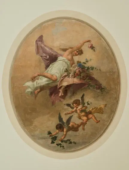 安缦威尼斯酒店卧室内的壁画艺术作品，描绘鸟类与花卉的古典图案。