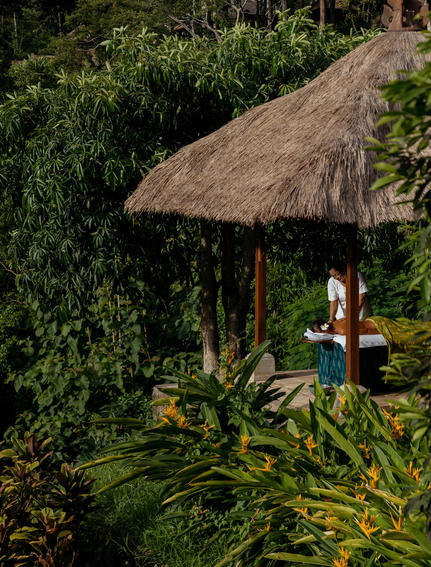 Spa pavilion with thatched roof nestled amongst tropical foliage at Amandari, Ubud, Bali.