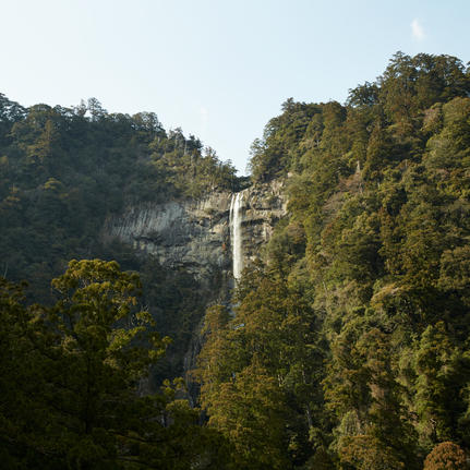 Waterfall cascading down forested cliffs along the Kumano Kodo pilgrimage trails near Amanemu, Japan.