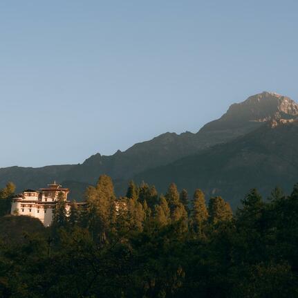 Amankora retreat nestled in a forested valley beneath Paro's mountain peaks at dusk.