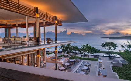 Casa Grande terrace at Amanera resort overlooking the Dominican coast at dusk.