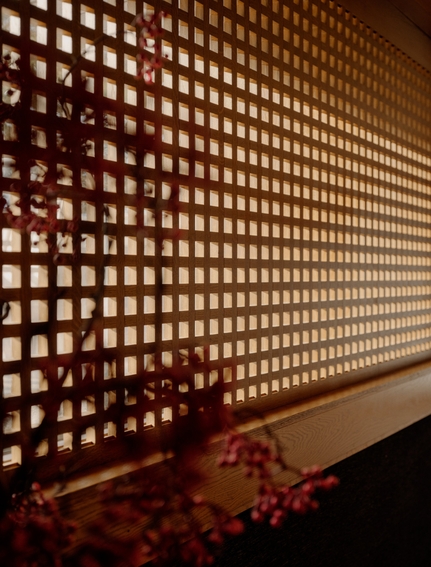 Entrance wall of small illuminated alcoves at Aman Le Mélézin, France.
