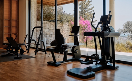 Spa wellness gym at Amanzoe resort with exercise equipment and pink flowers by large windows overlooking the landscape.