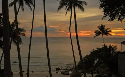 安缦璞瑞度假村的日落景观，安达曼海沙滩上方棕榈树剪影映衬金色天空。