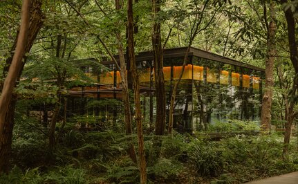 アマン東京のカフェ外観、緑に囲まれた木造建築