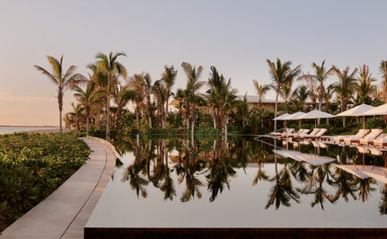 Amanvari's infinity pool reflecting palm trees at sunset in Mexico.