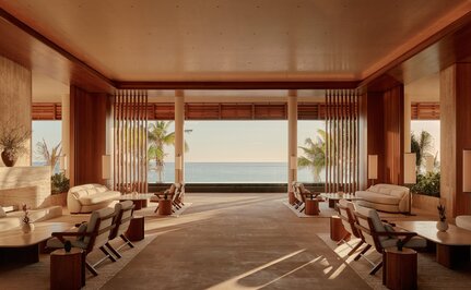 Casa Grande spa relaxation area at Amanvari, Mexico, with wooden beams and floor-to-ceiling windows.