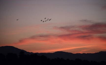 Sunset sky over Amanvari with silhouetted mountains and birds in flight.
