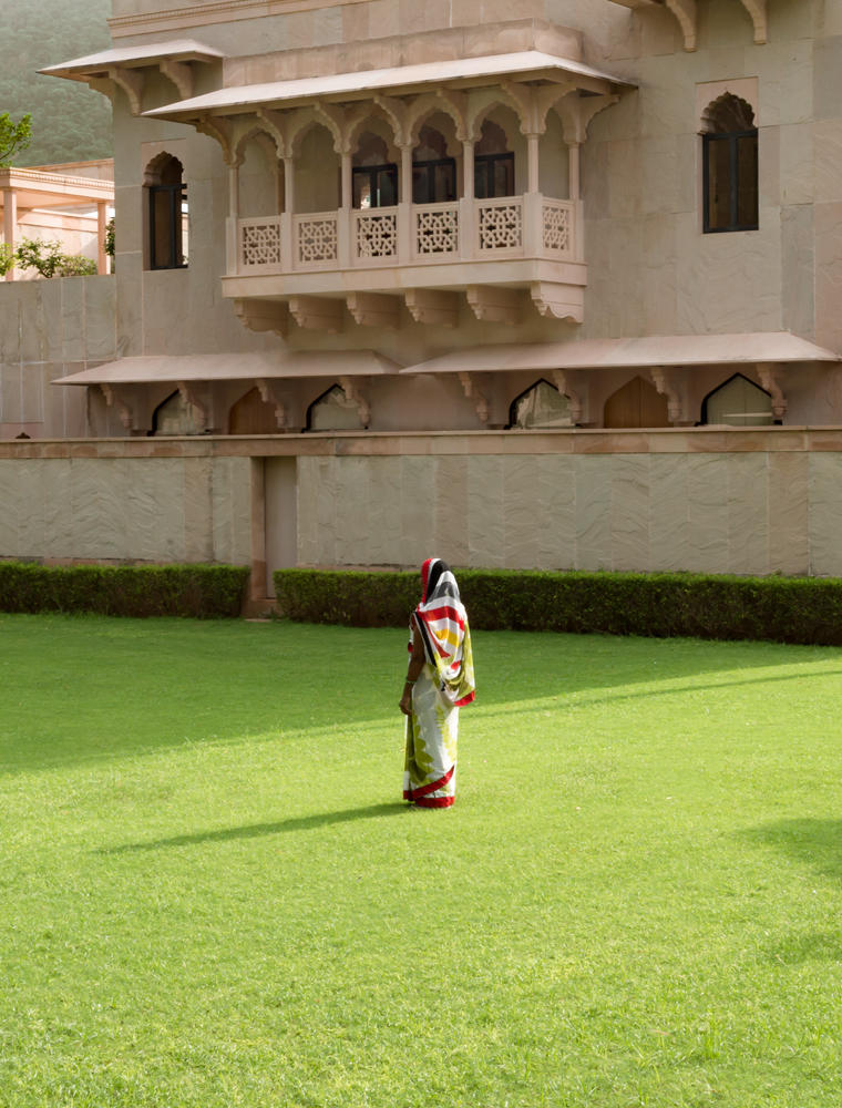 Green Lawn & Woman in Traditional Dress - Amanbagh, India