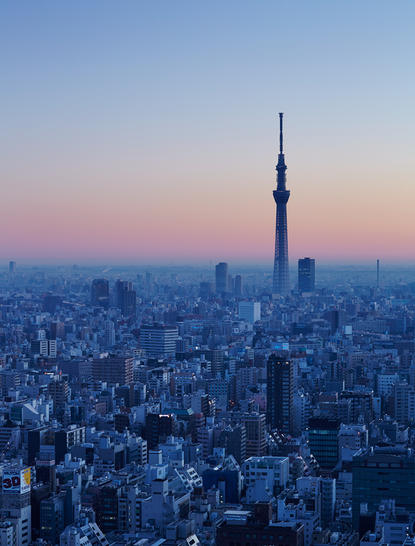 Tokyo's skyline at dawn, with the city's iconic tower rising above layers of buildings beneath a soft pink and blue sky, photographed from Aman Tokyo hotel.