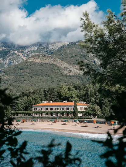 Aman Sveti Stefan's Garden View Suite overlooks the Adriatic coastline and surrounding mountains.