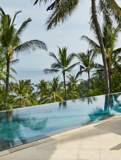 Kilasari Suite pool overlooking palm trees and ocean at Amankila resort, Bali.