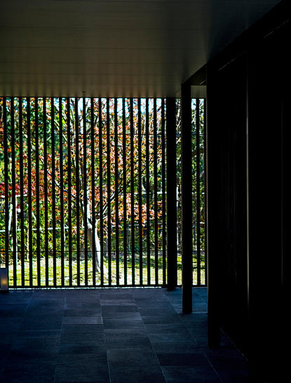 アマネム・リゾートの格子状のスクリーン越しに見える、緑の植栽と照明。