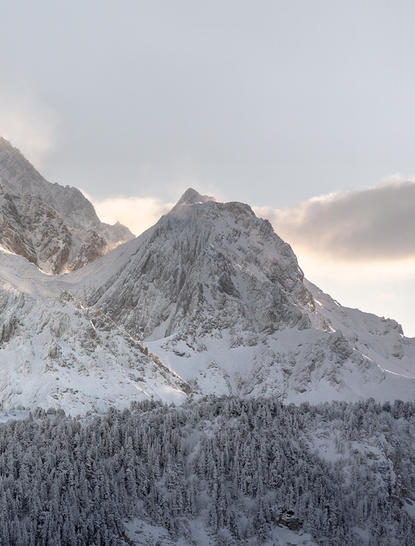 Snow-covered Alpine peaks at Aman Le Mélézin in the Vanoise region of France.