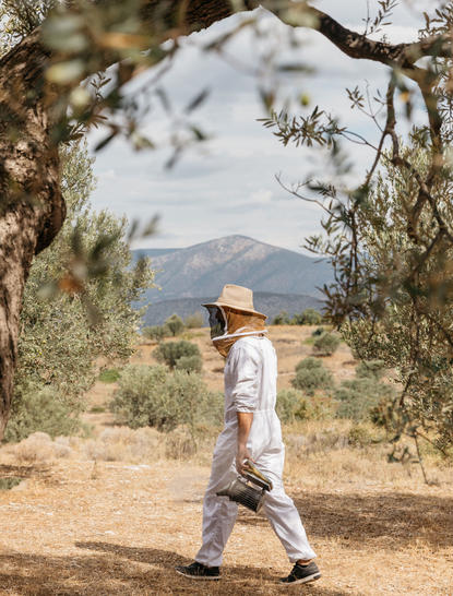 アマンゾイ リゾートのオリーブ畑を歩む帽子をかぶった訪問者