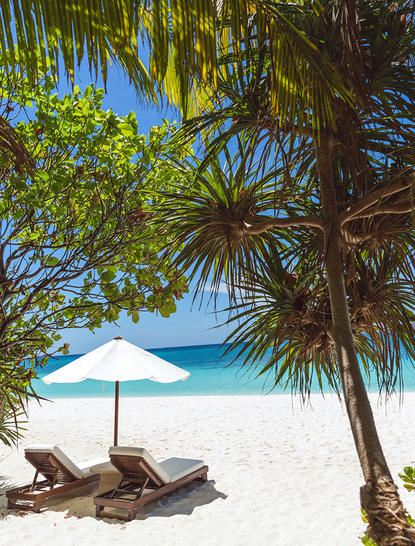 Wooden loungers beneath palm trees on white sand beach at Amanpulo, with clear turquoise water and blue sky beyond.