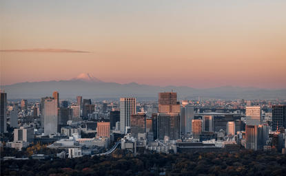 Tokyo skyline at dusk, with city lights emerging across the urban landscape.