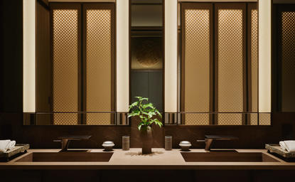 安缦纽约酒店第五大道初级套房浴室，配有木制双门柜和绿色植物。