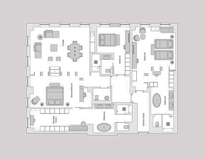 Corner suite floor plan at Aman New York showing layout with living areas, bedroom, and bathroom.