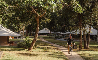 安缦湾澜度假村林间小径，骑行者骑自行车穿过树荫