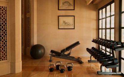 Spa treatment room at Amanbagh with wellness equipment and natural light from latticed window.
