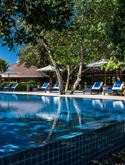 アマンプロのリゾート内にある、大きな木の根元に位置するプール。青空の下、デッキチェアが並ぶ。