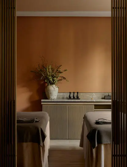 Salle de soins spa à Aman New York, avec vasque épurée et plantes vertes.