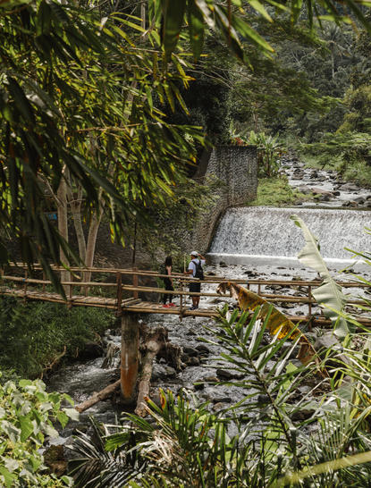 Wooden steps leading down through lush vegetation towards cascading waterfalls at Amankila resort, Indonesia.