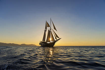Traditional sailing vessel at Amandira, East Indonesian Archipelago, silhouetted against golden sunset waters.