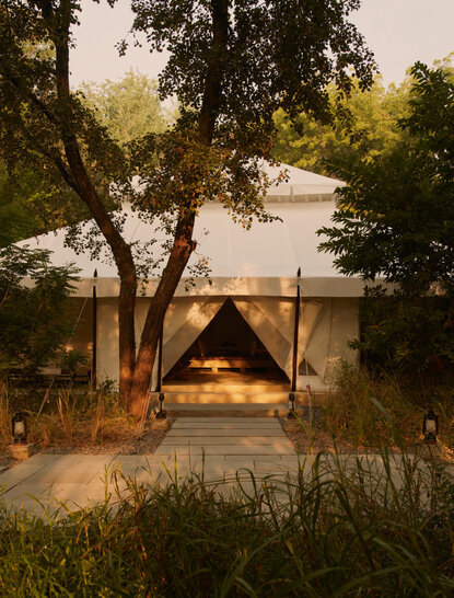 Exterior view of a canvas accommodation tent at Aman-i-Khas, India, nestled amongst trees at dusk.