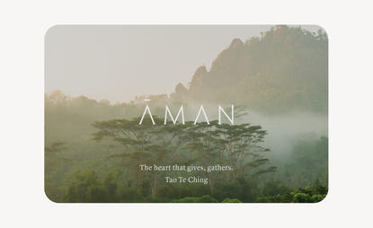 Amanyangyun gift card featuring misty landscape with karst mountains and morning mist.
