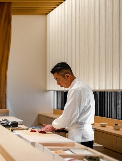 Chef Hiroyuki Musashi preparing a dish at Aman Tokyo hotel in Japan.