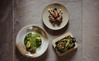Three artfully plated dishes at Amangani's dining venue, featuring seasonal ingredients arranged on white ceramics.