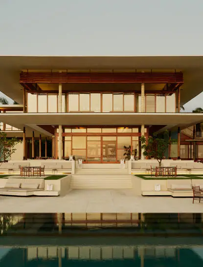 Casa Grande main restaurant exterior at Amanera, Dominican Republic, with pool and architectural details.