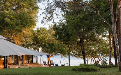 Amanwana ocean tent exterior with white canvas structure nestled amongst tall trees, Indonesia.