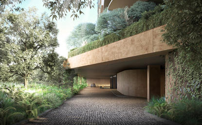 Aman Residences, Beverly Hills: modern residence entrance with cantilevered roof and natural stone, framed by mature trees.