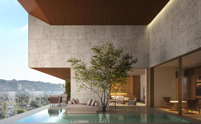 Covered terrace with olive tree and plunge pool overlooking Los Angeles at Aman Residences, Beverly Hills.