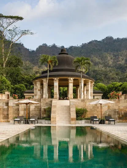 Dalem Jiwo Suite pavilion with turquoise plunge pool at Amanjiwo, Borobudur, Java.