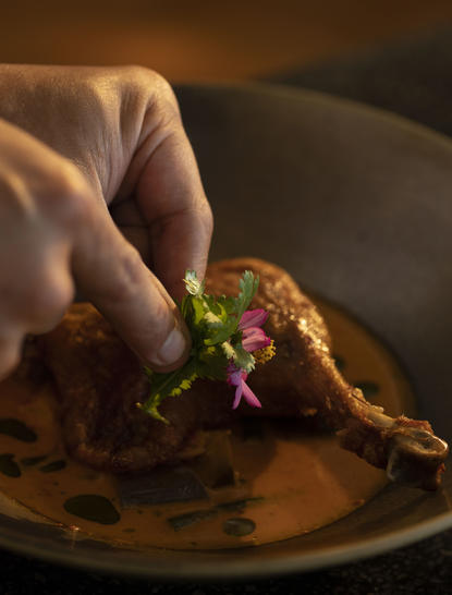 Plated dish at Amanjiwo resort with hand presenting herb-garnished food on dark plate, Central Java.