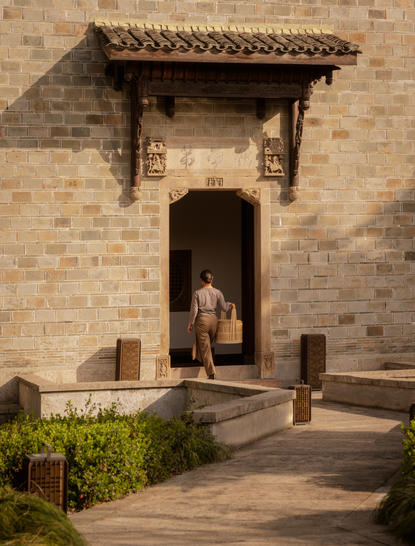 养云安缦度假村的别墅外部入口，传统建筑风格的木制门廊框架着拱形门道。