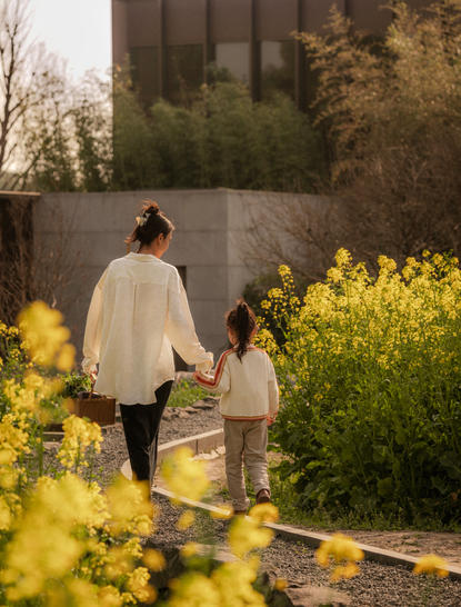 Adult and child walking through yellow flowering garden at Amanyangyun, China.