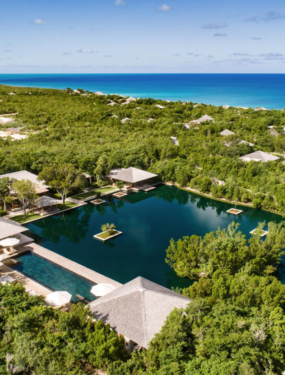Aerial view of the Five-Bedroom Serenity Villa at Amanyara resort, nestled amongst tropical vegetation with turquoise waters and private beach access in Turks and Caicos.