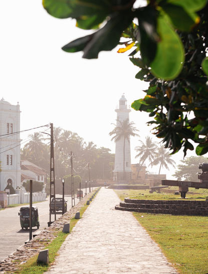 Colonial-era architecture and tree-lined avenue at Amangalla, Sri Lanka.