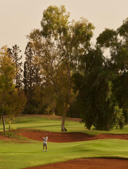 安缦珍纳高尔夫球场，绿草如茵，林木环绕。